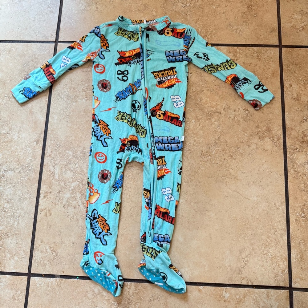 Posh Peanut Footie Hot Wheels Monster Truck Double Zipper Size 6-9M